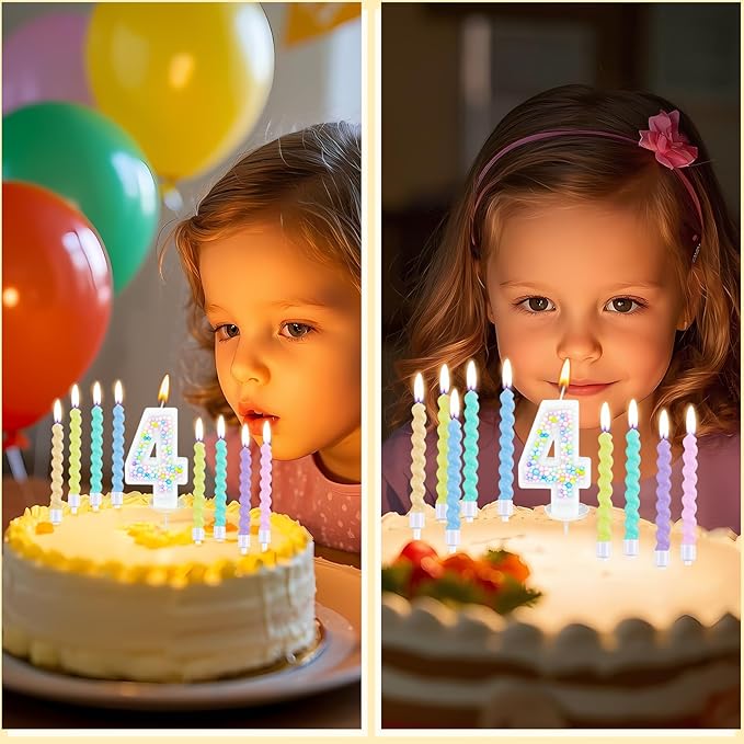 Number Birthday Candle with 12PCS Spiral Candles and A Birthday Card - Perfect for Celebrating Birthdays (Macaron Glitter, Number 4)