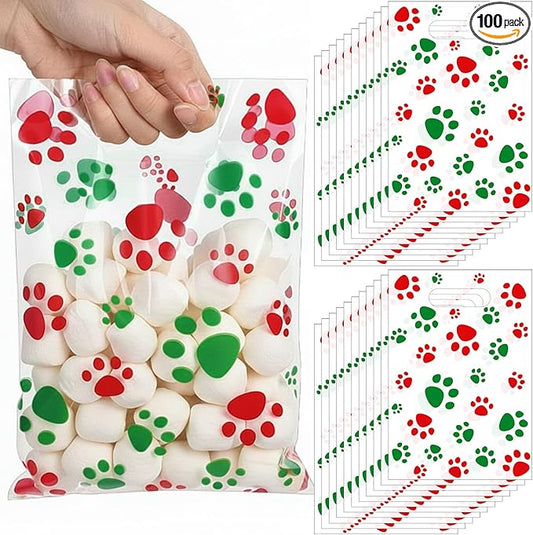Pasimy 100 Pcs Dog Paw Gift Bags Bulk Pet Paw Puppy Plastic Treat Favor Candy Goodie Bags with Handle for Dog Birthday Party Decoration Supplies(Red and Green)