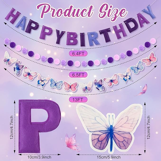 Mindsoft Pre Strung 3 Pcs Happy Birthday Banner Felt Ball Garland Butterflies Banner Reusable Bulk purple Birthday Decorations for Girls Boys Women Men