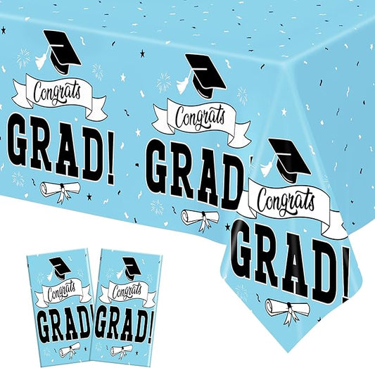 2Pcs Graduation Tablecloth, 108" X 54" Skyblue Graduation Table Decor 2026, Rectangle Tablecloth for Class 2026 Congrats Grad, Disposable Plastic Tablecover for Grad Decor Party Supplies for Kids