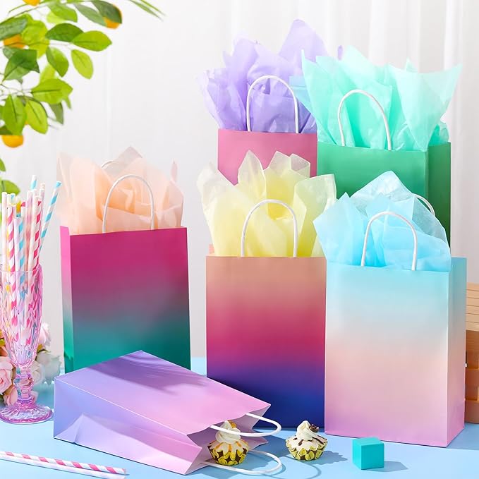 Pajean 24 Pack Ombre Gift Bags with Tissues Paper Gradient Paper Gift Bag with Handles Rainbow Party Favor Bags Kraft Goodies Treat Bag for Birthday Baby Shower Wedding Party Favors Supplies
