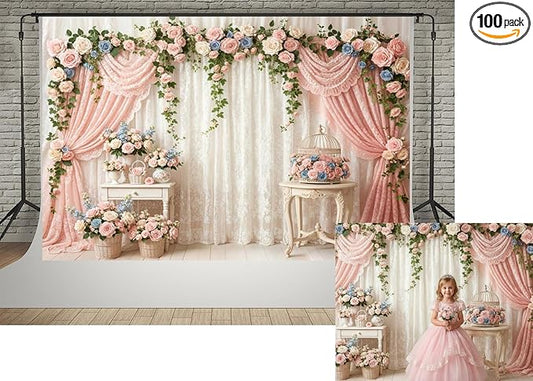 Kate 7x5ft Elegant Floral Arch Photography Backdrop with Sheer Lace Curtains for Wedding Photography Kids Princess Birthday Party Photo Background