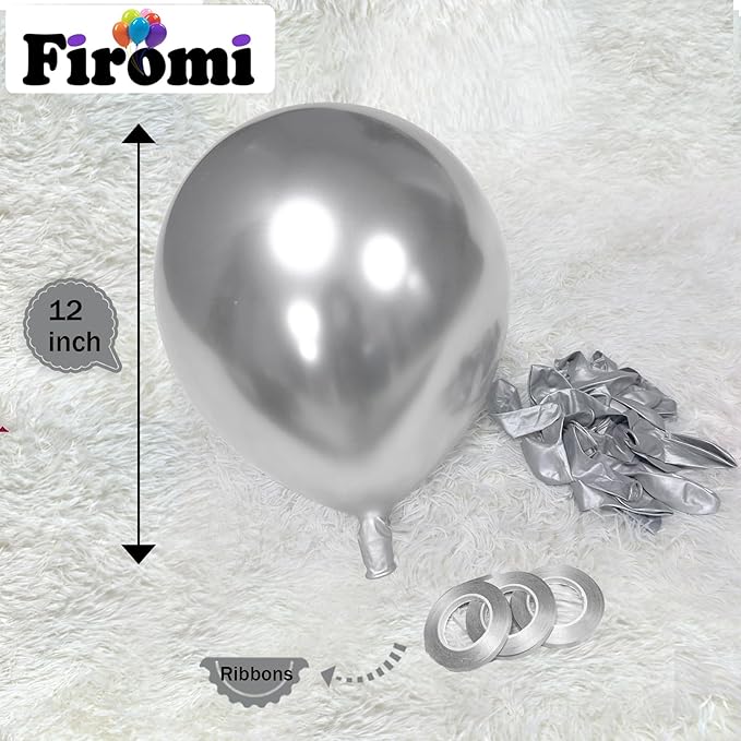 Firomi Metallic Silver Balloons 12-inch 100 Pack Helium Shiny Chrome Silver Thicken Latex Balloon for Wedding Birthday Party Party Balloons (with 3 Ribbons)