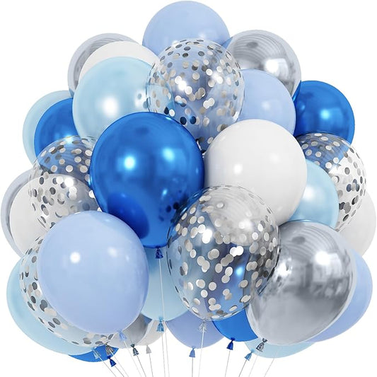 Jobkoo Blue and White Balloons, 60 Pcs 12 Inch Pastel Baby Blue Silver Latex Balloon with Metallic Confetti Balloons Graduation Balloon for Boys Birthday Baby Shower Christening Grad Party Decorations
