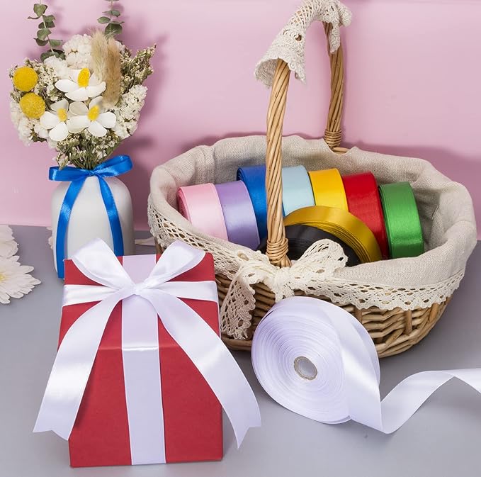 YASEO 1 Inch White Solid Satin Ribbon, 50 Yards Craft Fabric Ribbon for Gift Wrapping Floral Bouquets Wedding Party Decoration