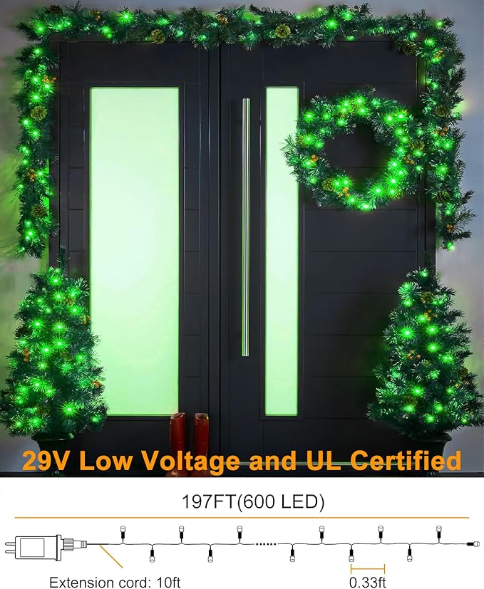 197FT 600 LED Christmas Lights Outdoor, Plug in Green Christmas Tree Lights with 8 Modes & Waterproof, Connectable Green Wire String Lights for Outside Indoor House Garden Yard Party Holiday Decor