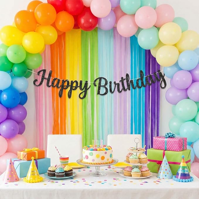 Glitter Happy Birthday Banner Sign,Reusable Birthday Party Decorations, DIY Party Supplies for Women Men Boys Girls,Celebration Decor Garland Wall Backdrop Banners (Black)