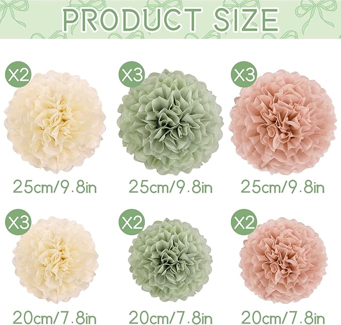 EASY JOY Sage Green Tissue Pom Poms Paper Flowers Decorations Natural Green Boho Hanging Décor for Safari Jungle Party Bridal Shower Baby Shower Home Decor Nursery Birthday Backdrop 15PCS