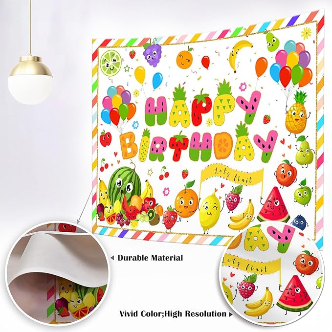 Mocsicka Fruit Birthday Backdrop Summer Fruit Themed Happy Birthday Party Decorations for Kids Watermelon Avocado Pineapple Cake Table Banner Photography Background (Colorful, 10x7ft(120"x82"))