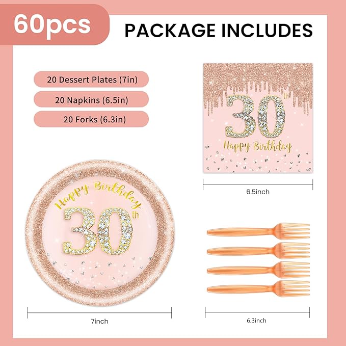 60 PCS 30th Birthday Decorations for Women, 30th Birthday Plates and Napkins Rose Gold Disposable Tableware Set Party Supplies for Women Cheers to 30 Years Anniversary (30TH)