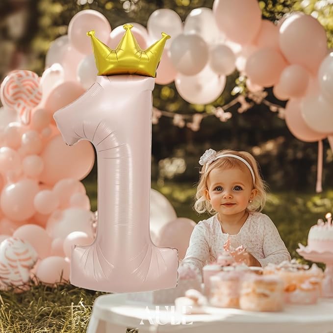 AULE 40 Inch Big Pink 1 Balloon Number with Crown Large Foil Helium Number Balloons 0-9 Jumbo Giant Happy 1st Birthday Party Decorations Huge Mylar Anniversary Party Supplies