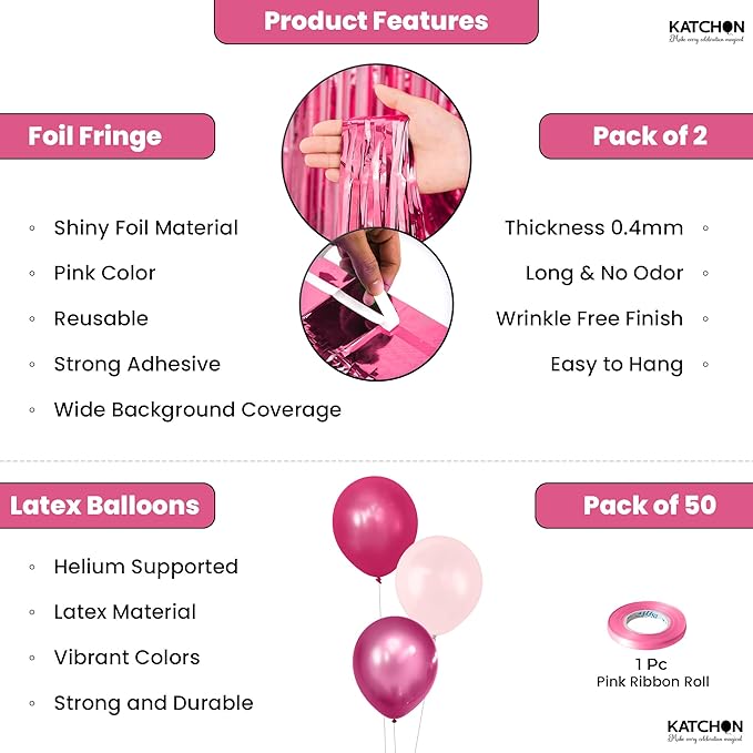 KatchOn, Valentines Day Decorations Set - Huge, Pack of 52 | Pink Fringe Backdrop Curtain and Latex Balloons for Galentines Day Decorations | Bachelorette, Birthday Decoration | Pink Party Decoration