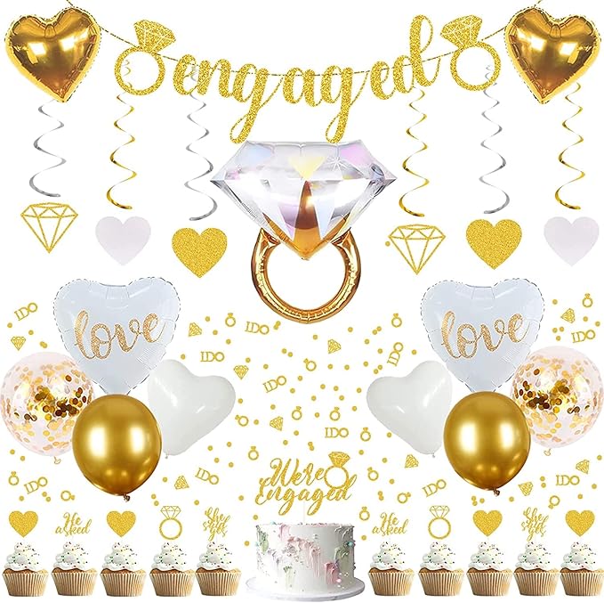 Sparkly Gold Engagement Decorations - Engaged Banner, Cake Decorations, Confetti, Ring Balloons for Wedding Party Decor