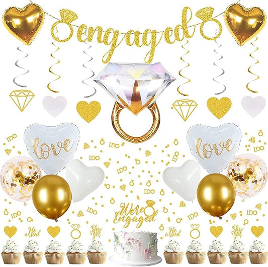 Sparkly Gold Engagement Decorations - Engaged Banner, Cake Decorations, Confetti, Ring Balloons for Wedding Party Decor