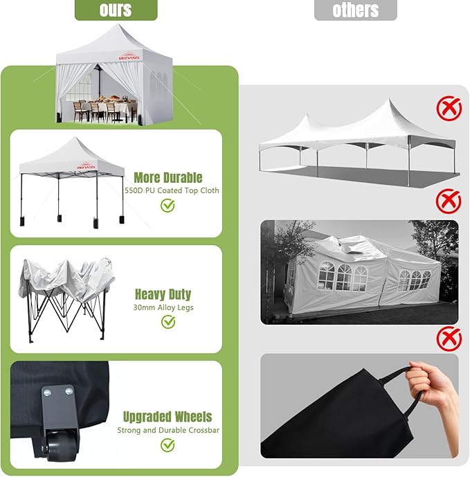 10x10 Heavy Duty Pop Up Canopy with 4 Sidewalls, 550D Commercial Easy Up Canopy Tent, Waterproof Outdoor Party Event Tent with Roller Bag, White