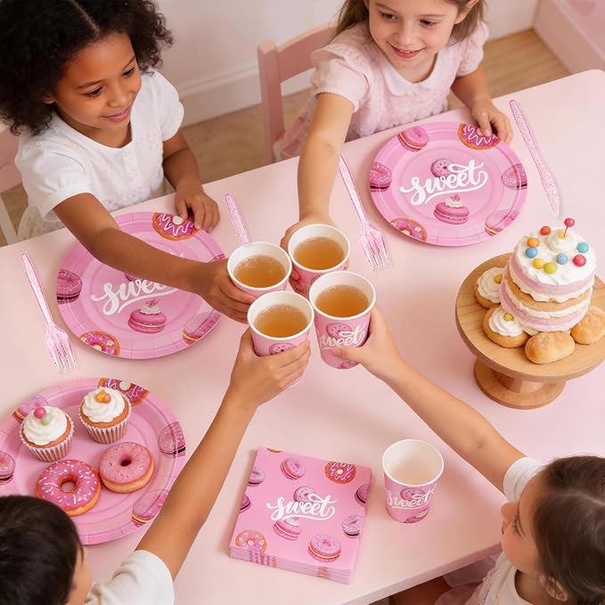 144Pcs Pink Donut Birthday Party Supplies Decorations Sweet Themed Paper Plates Napkins Vintage Party Tableware Disposable Dinnerware for Girl Kid Birthday Baby Shower Table Decor, Serve 24