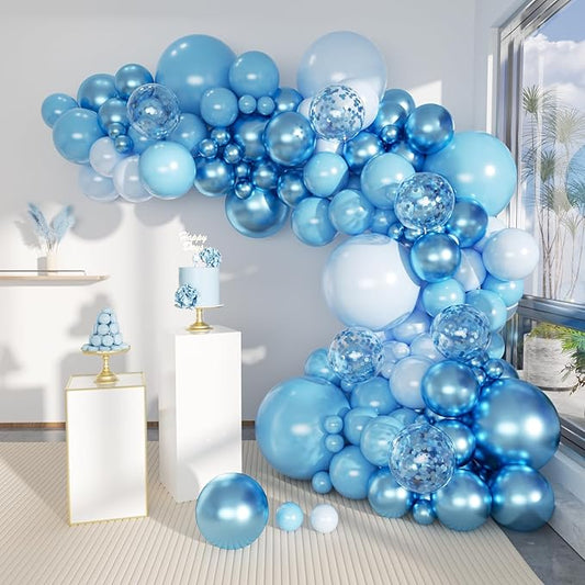 MEBAY Blue Balloons Garland Arch Kit, 147 Pcs Metallic Macaron Light Blue and Confetti Silver Balloons for Baby Shower Birthday Wedding Ocean Themed Party Background Decoration