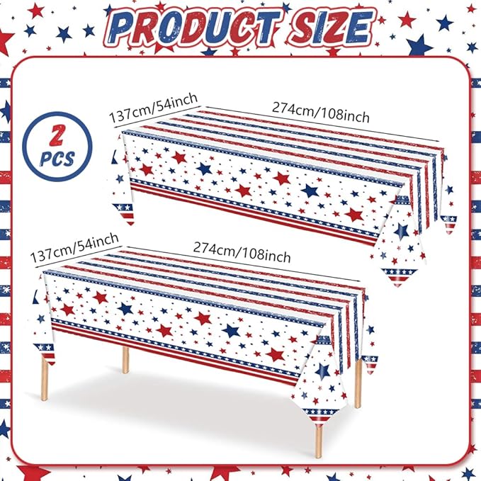 2Pcs Patriotic Tablecloths,4th of July Decorations,Red White Blue Star 54x108 inches Disposable Plastic Tablecloths for 4th of July Memorial Day Patriotic Theme Party Decoration