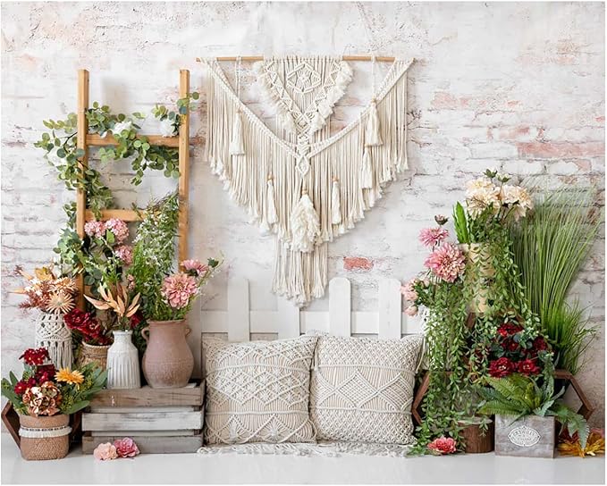 Kate 10x8ft Spring Colorful Flowers Backdrops for Photography Bohemian Pillow Brick Wall Background Green Leaves Backgrounds Baby Shower Birthday Party Decoration Backdrop