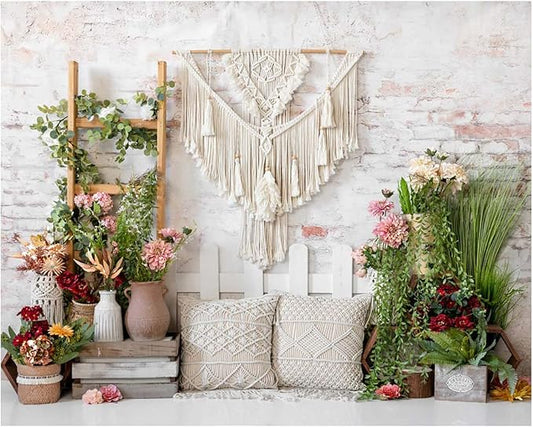 Kate 10x8ft Spring Colorful Flowers Backdrops for Photography Bohemian Pillow Brick Wall Background Green Leaves Backgrounds Baby Shower Birthday Party Decoration Backdrop