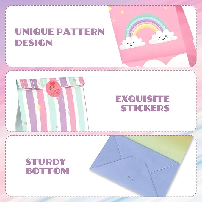 20Pcs Rainbow Party Favor Bags with Stickers, Rainbow Cloud Goodie Candy Bags Treat Bags, Kraft Paper Gift Bags for Birthday Baby Shower Party Supplies