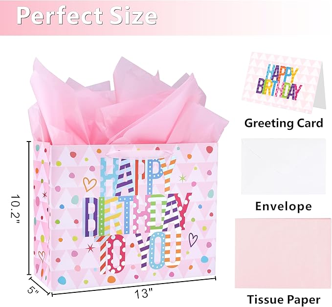 Bobobag 13" Large Gift Bag with Tissue Paper and Greeting Card,Pink Happy Birthday gift bags for Girls