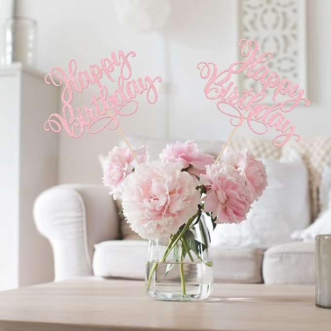 12 PCS Happy Birthday Centerpiece Sticks Double Sided Glitter Happy Birthday Table Flower Centerpieces Decorations for Celebrating Anniversary Theme Party Centerpieces Supplies Light Pink