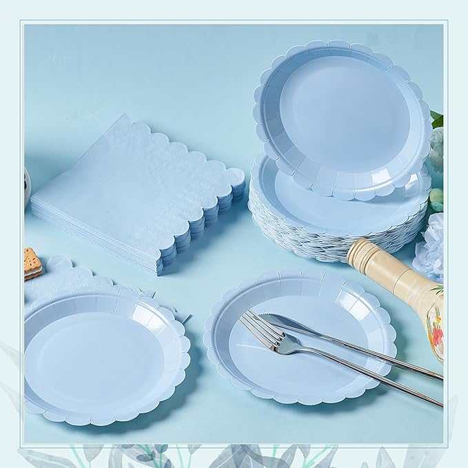 120 Pcs Light Blue Paper Plates and Napkins Party Supplies Bulk Disposable 7 Inch Scalloped Plates Cocktail Napkins for Wedding Bridal Baby Shower Birthday Decorations, Serve 60 Guests