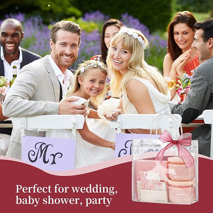 Jutieuo 24 PCS Clear Gift Bags with Handles, 7.9 x 7.9 x 3.2 Inches Reusable Plastic Goodie Bag Transparent Party Favor Bags Bulk for Weddings Birthdays Events, Classrooms & Celebrations
