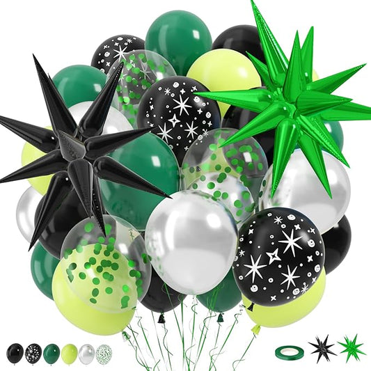 Black and Green Balloons, 12 Inch Space Party Decorations Green Black Silver Galaxy Print Foil Balloons for Alien Space Theme Galaxy Birthday Party Decorations