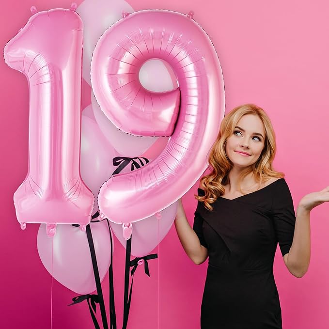 Pink Number 19 Balloon, 40 Inch Big Large Foil Helium Number Balloons, Giant Mylar Number 19 Balloons for 19 Years Old Birthday Party Decorations Supplies Anniversary