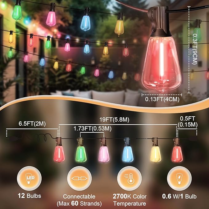 LAMPHOME 26FT Outdoor String Lights, ST38 LED Edison Patio Lights with 12+1 Multicolor Bulbs, Connectable & Dimmable Hanging Lights for Easter, Backyard, Porch & Outside Decor