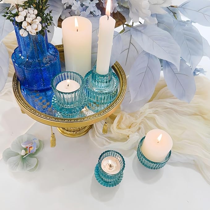 Double Sided Vintage Ribbed Taper Glass Candle Holders,Tea Candle Holder for Table Centerpieces, Wedding Decorations and Dinner Parties (Bule, 6 PCS)