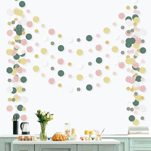 Outus 5 Pieces Colorful Circle Garland Banner Hanging Paper Dot Decorations for Classroom, Birthday Party, Baby Shower, Wedding Backdrop & Photo Booth Graduation Decor (Sage Green,Pink,Gold)