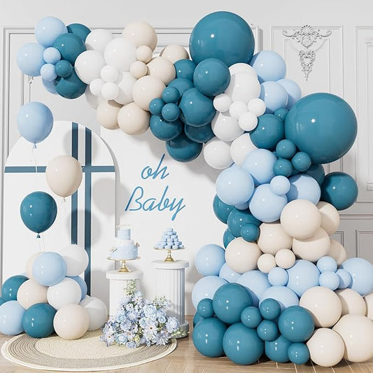 Dusty Blue Balloon Garland Arch Kit, 132Pcs Baby Blue Balloon Arch with Dusty Blue, White Balloons Latex Balloons for Baby Shower Boy Birthday Gender Reveal Party Decorations