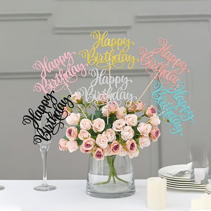 12 PCS Happy Birthday Centerpieces Sticks Double Sided Glitter Birthday Party Decorations Anniversary Table Flower Centerpiece for Celebrating Birthday Party Centerpieces Supplies Multi 6 Colors