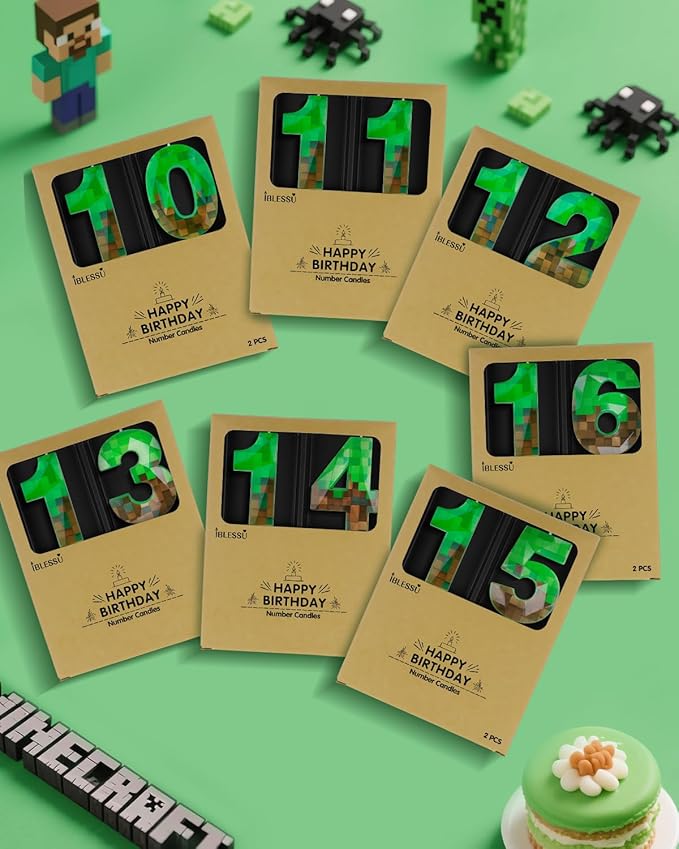 Pixel Birthday Candle, 2.68 Inch Miner Number Candles, Game Themed Candle Birthday Decoration for Pixel Theme Birthday Anniversary Dynamite Video Game Party (Green, 17)