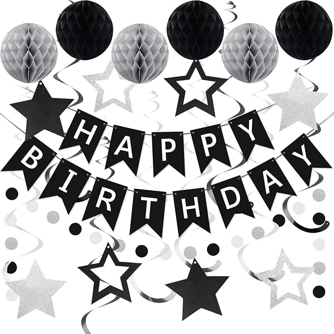 meowtastic Birthday Decorations, Happy Birthday Banner with Honeycomb Balls, Star Hanging Swirl Streamer, Circle Dot Garland, Happy Birthday Party Decoration for Women Men Boys Girls (Black & Silver)