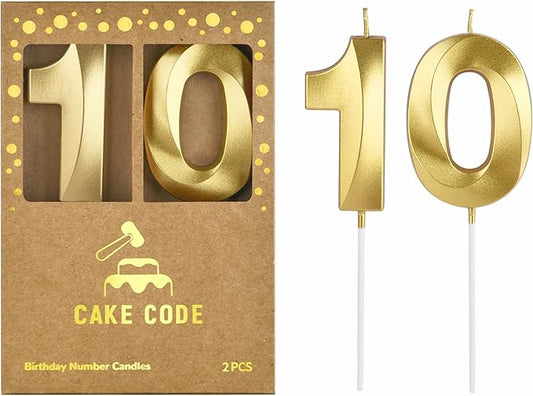 2.76 Inch Diamond Gold 10 Number Birthday Candles, Gold and Cake Number Candles for Party Celebration
