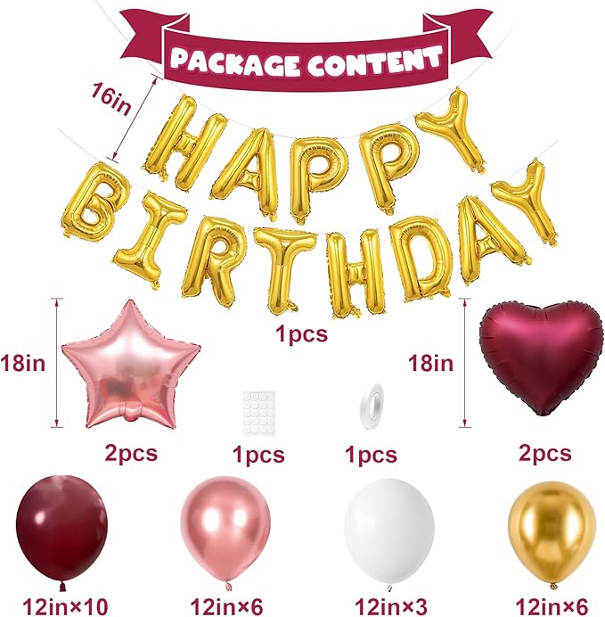 Burgundy Birthday Decorations for Women Girls,Burgundy Rose Gold Balloons Gold Happy Birthdays Balloon Banner for Women Girls Adults Birthday Party Decorations