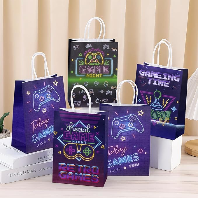 JALEBRO 24PCS Video Game Party Favors Gift Bags Bulk with Handle, Paper Snack Treat Goodie Bag for Video Game Theme Games Goody Bags Birthday Party Decorations Supplies 8"x5.9"x3.1" (video game)