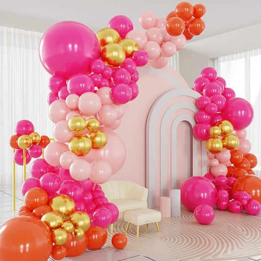 Pink and Orange Balloons Arch Kit, 124pcs Hot Pink Orange Metallic Gold Balloons with 16ft Tape Strip & Dot Glue for Birthday Baby Shower Wedding Party Decorations
