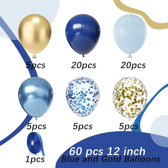 Blue and Gold Latex Balloons, 60pcs 12 Inches Metallic Navy Blue Gold Confetti Balloons with 1 Ribbon for Graduation, Birthday, Baby Shower Party Decorations