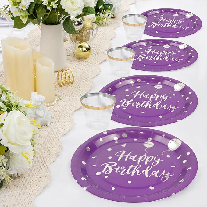 75PCS Happy Birthday Paper Plates and Napkins Set-Disposable Purple and Sliver 7IN Party Dessert Plates 6.5IN Napkins Gold Forks Tableware Set for Birthday Wedding Graduation Party Decoration Serve 25