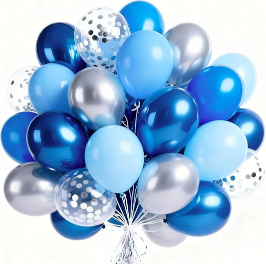 PartyWoo Blue and Silver Balloons 66pcs 12 Inch Light Pastel Baby Metallic Pearl Blue Metallic Chrome Silver Confetti Balloons for Gender Reveal Wedding Baby Shower Birthday Party Decorations