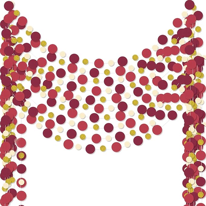 Outus 10 Pieces Maroon,Gold Round Dots Garland Graduation Party Hanging Decor Each Length 13.1ft Glitter Paper Dot Streamers for Birthday Wedding Classroom Supplies