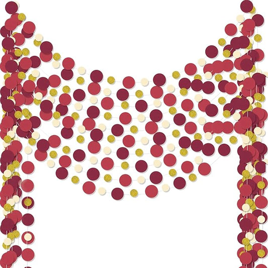 Outus 10 Pieces Maroon,Gold Round Dots Garland Graduation Party Hanging Decor Each Length 13.1ft Glitter Paper Dot Streamers for Birthday Wedding Classroom Supplies