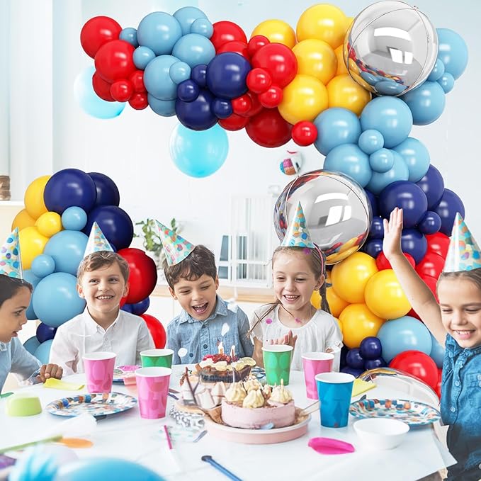 Jobkoo Red Blue Yellow Balloon Arch Kit with 4D Silver Ball Foil Balloons, Dusty Navy Blue Red Yellow Latex Balloons Garland for Carnival Circus Birthday Baby Shower Party Decorations