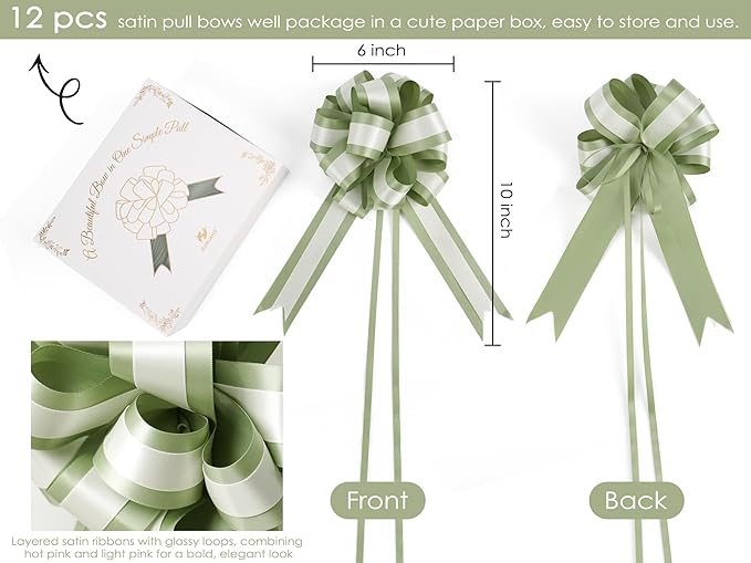 HUIHUANG Sage Green Pull Bows for Gift Wrapping 12 PCS Sage and Ivory Double Layer Satin Pull Bows 6" x 10" Gift Bow for Presents, Gift Basket, Birthday Baby Shower Wedding Party Decor