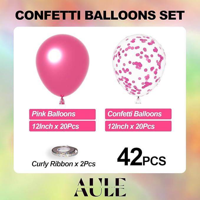 AULE Party Balloons Pack of 42 - Metallic Chrome Pink Balloons and Pink Confetti Latex Helium Balloons With 64ft Ribbons - 12 Inch Balloon Decoration Set